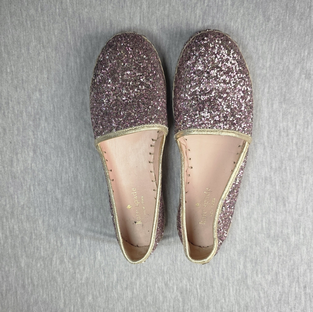 Kate Spade Sparkling Pink Flat Esparidille with Gold Trim Size 6